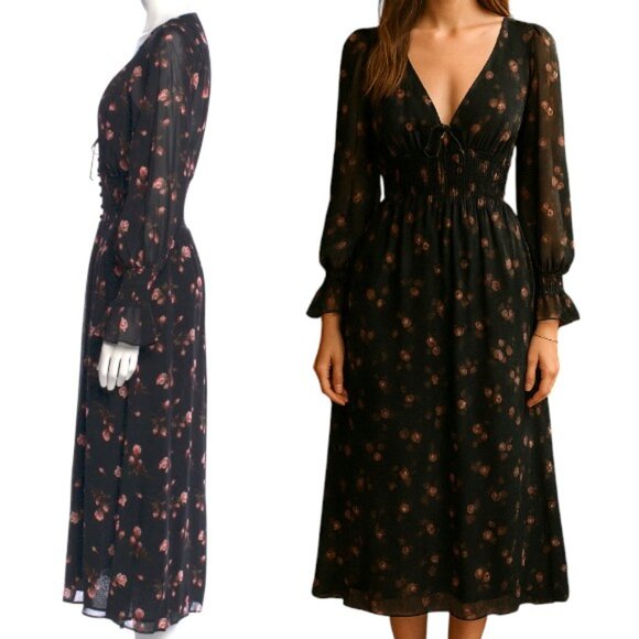 REFORMATION MAXI BLACK FLORAL PRAIRIE LACE UP CORSET TOP DRESS SZ. 2 EUC - Picture 3 of 6